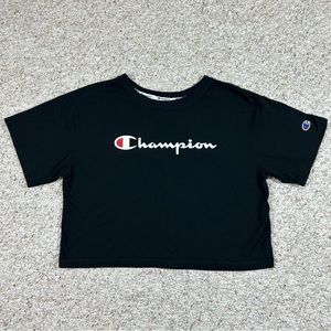 Champion Crop Top Shirt Women Small Black White Spell Out Casual Ladies Tee Logo